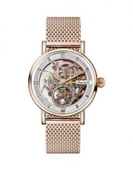 Image of Ingersoll Ingersoll 1892 The Herald White And Rose Gold Skeleton Automatic Dial Ros Gold Stainless Steel Mesh Strap Watch