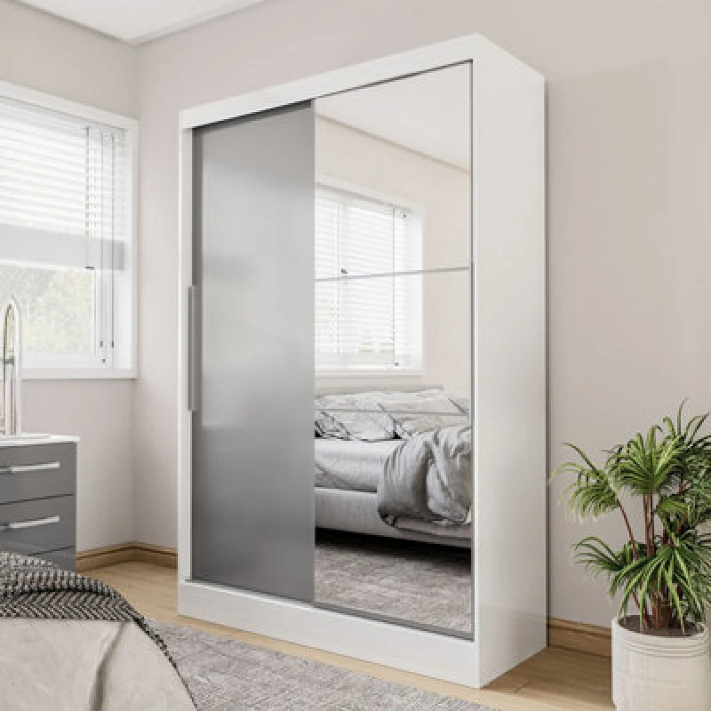 Image of Birlea Lynx Grey High Gloss and White Sliding Door Mirrored Large Double Wardrobe