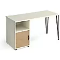 Image of Rectangular Hairpin Desk White, Kendal Oak Door Wood/Metal Hairpin Legs Black Tikal 1400 x 600 x 730mm