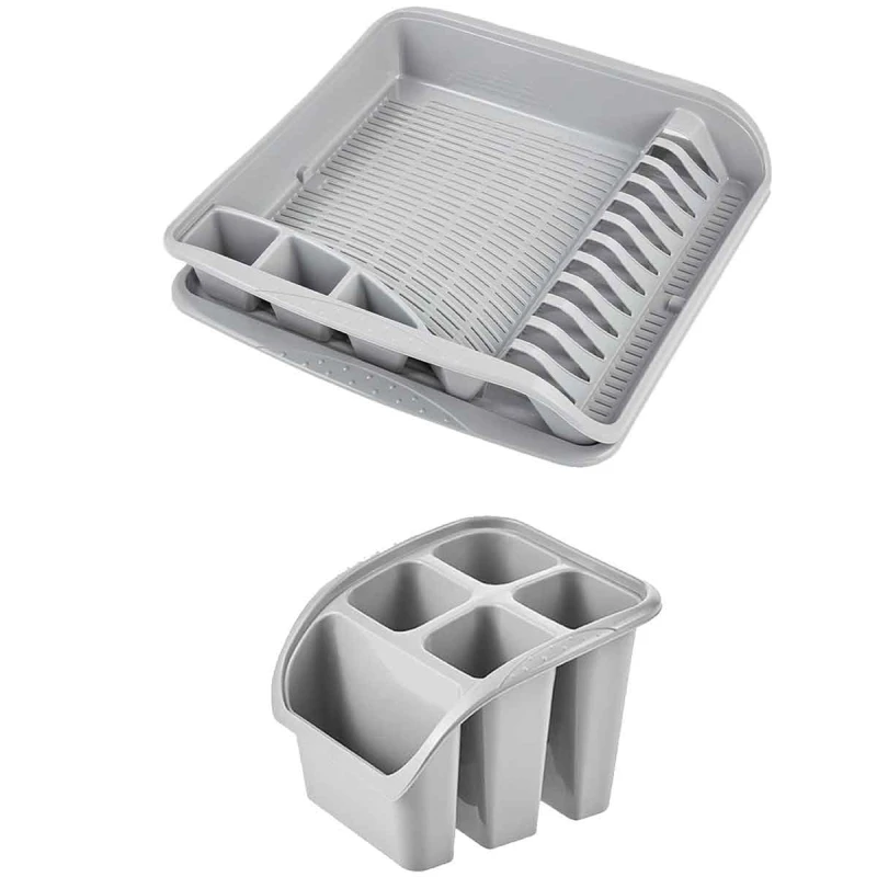 Image of Keeeper Dish Drainer Rack With Drip Tray & 5 Compartments Cutlery Draining Tray Grey unisex
