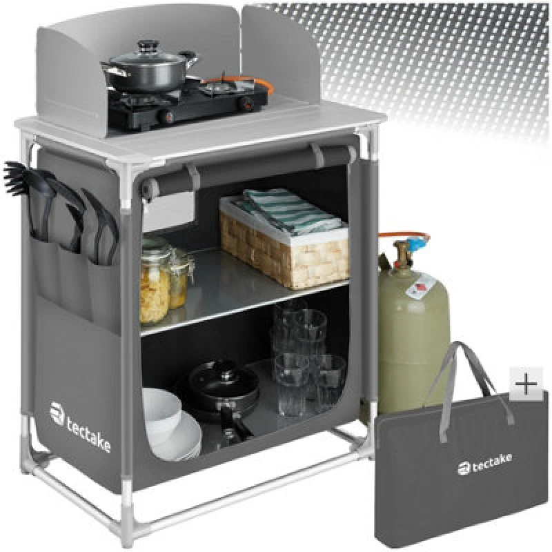 Image of Tectake Camping Kitchen Royal Easy Up Large Camping Storage Unit Kitchen Stand Foldable 2 Compartments - Grey