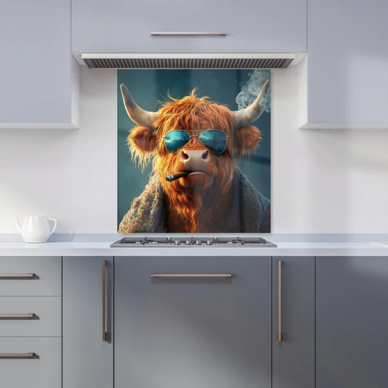 Image of Warren Reed - Designer Highland Cow With Glasses Kitchen Splashback in Blue Size: 700mm x 650mm Blue Unisex 700mm x 650mm