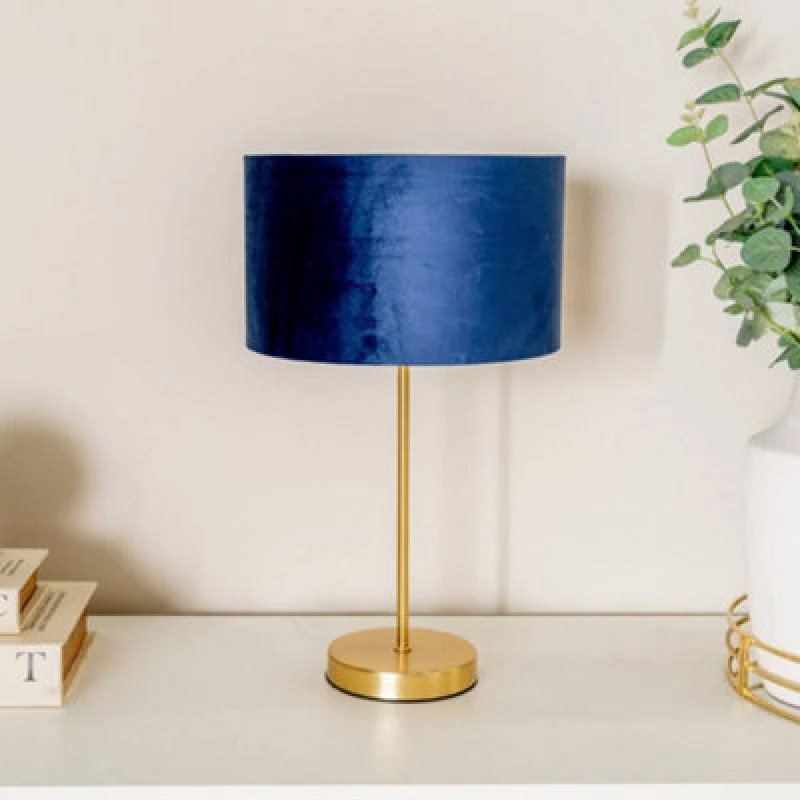 Image of ValueLights ValueLights Charlie Gold Stem Table Lamp with Velvet Drum with Gold Inner Lamp Shade & Bulb in Dark Navy Dark Navy One Size Unisex 5059406