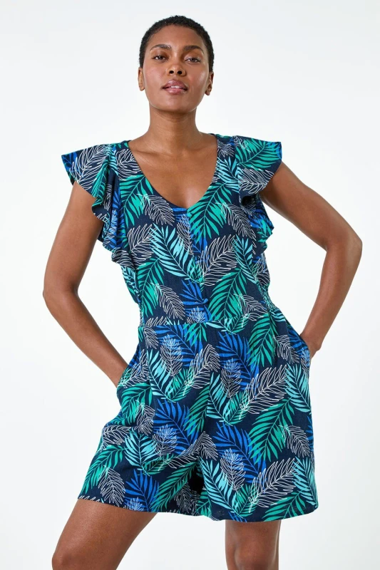 Image of Roman Womens Tropical Leaf Print Playsuit in Blue Size: 16 Blue Female 16