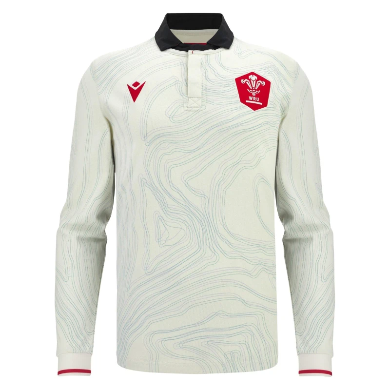 Image of Macron Wales Rugby Away Long Sleeve Shirt 2025 2026 Adults White/Blk/Red male Small