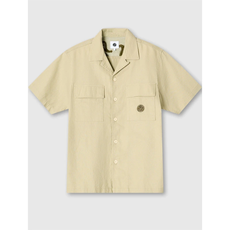 Image of Pretty Green Mens Stamford Cuban Collar Short-Sleeve Plain Shirt Taupe male Small