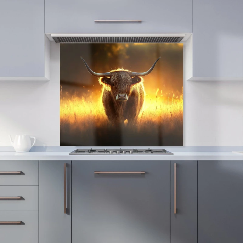 Image of Warren Reed - Designer Highland Cow Sunset Kitchen Splashback in Orange Size: 900mm x 750mm Orange Unisex 900mm x 750mm