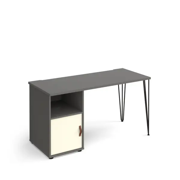 Image of Tikal Straight Grey Desk with Black Hairpin Leg with White Cupboard Door - 1400mm x 600mm