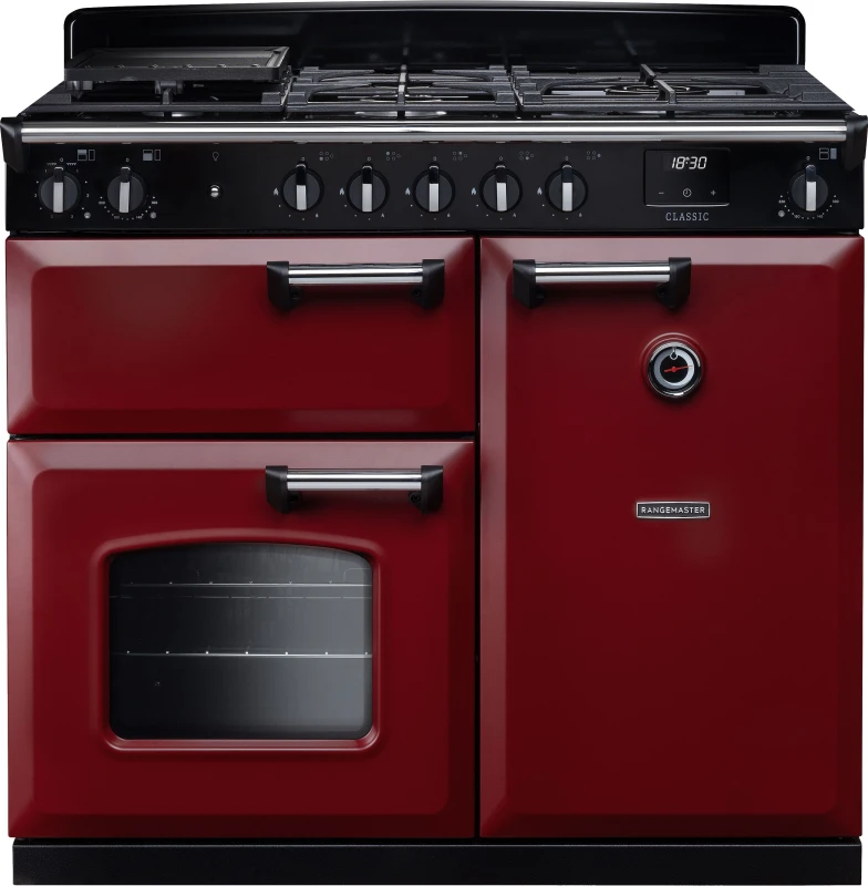 Image of Rangemaster Classic CL100DFPBOR/CM1 100cm wide Dual Fuel Range Cooker with Gas Hob - Bordeaux / Chrome - A Rated