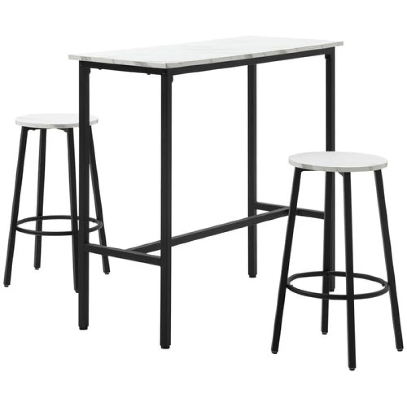 Image of HOMCOM 3 Piece Bar Table Set for 2 with Stools Steel Frame Footrest White 835-943V01WT