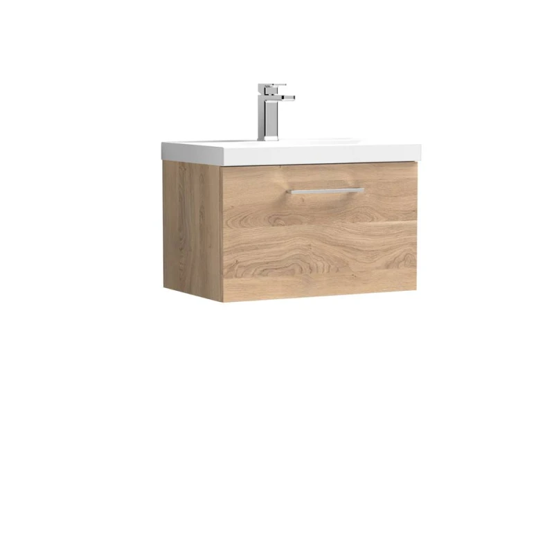 Image of Balterley Contemporary Bathroom Wall Hung 1 Soft-Close Drawer Vanity Unit with Mid-Edge Ceramic Basin, Bleached Oak, 600 mm in Brown Brown Unisex