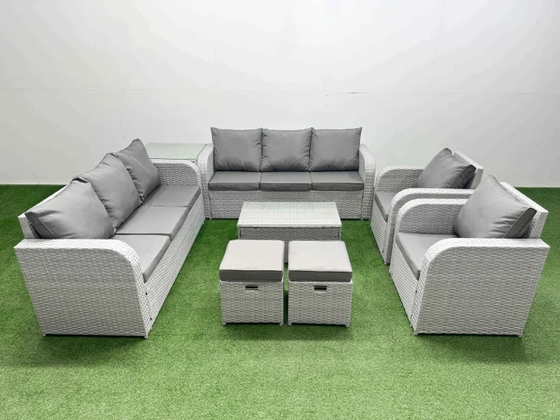 Image of Fimous PE Rattan High Back Lounge Sofa Set Patio Coffee Table & Chairs Set with 3 Seater Sofa Reclining Chair Stools Side Table Light Grey Light Grey