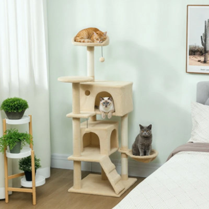 Image of Pawhut 140Cm Cat Tree Tower With Sisal Scratching Posts, Condos, Beige