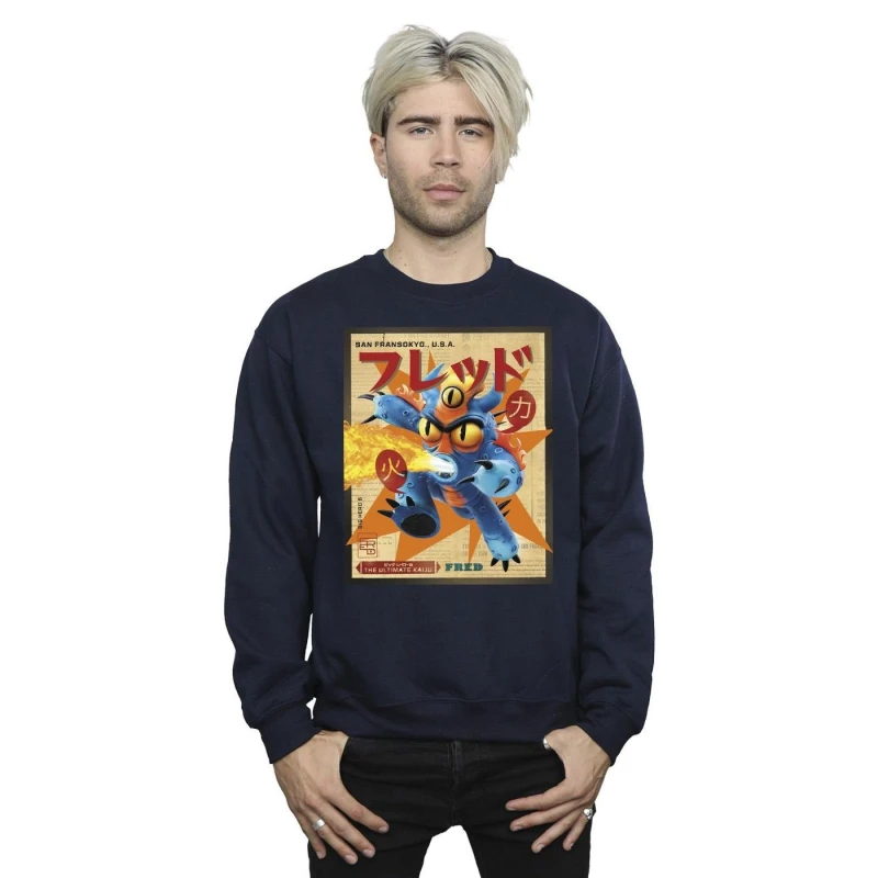 Image of Disney Men Big Hero 6 Baymax Fred Newspaper Sweatshirt in Navy Size: Small Navy S Male 5059934870000
