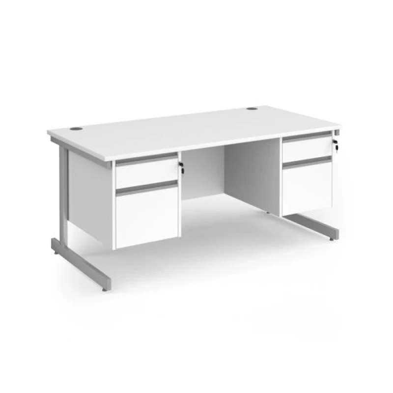 Image of Contract 25 Office Desk Rectangular Desk 1600mm With Double Pedestal White Top With Silver Frame 800mm Depth Contract 25 CC16S22-S-WH White CC