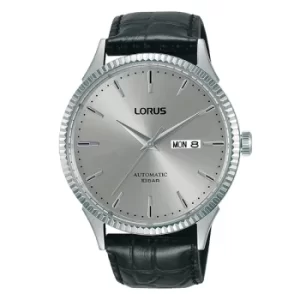 Image of Mens Automatic Watch with Black Leather Strap & Grey Sunray Dial