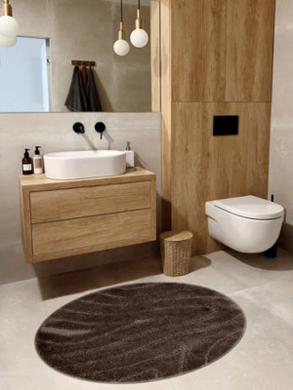 Image of RugsX Bathroom Rug Supreme Circle Waves, Non-Slip, Soft - Brown Circle 100 Cm