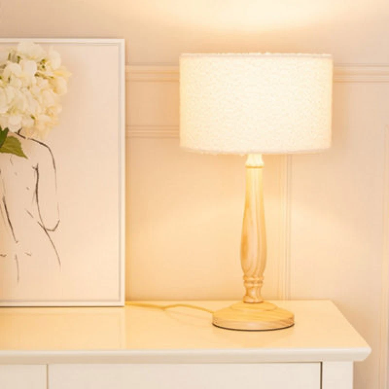 Image of ValueLights Victoria Candlestick Light Wood Table Lamp with Cream Boucle Drum Lamp Shade Natural