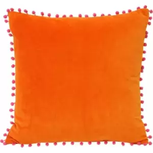 Image of Riva Paoletti - Faux Velvet Pom Pom Fringe 100% Cotton Cushion Cover, Orange/Fuchsia, 45 x 45 Cm