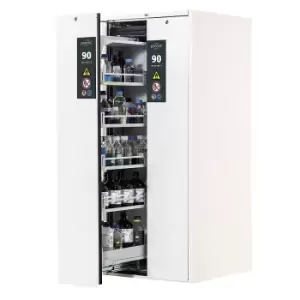 Image of asecos Type 90 fire resistant vertical pull-out cabinet, 2 drawers, 8 tray shelves, laboratory white