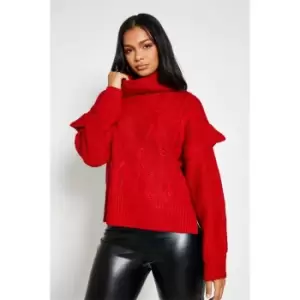 Image of I Saw It First Roll Neck Cable Jumper With Frill Shoulder Detail - Red