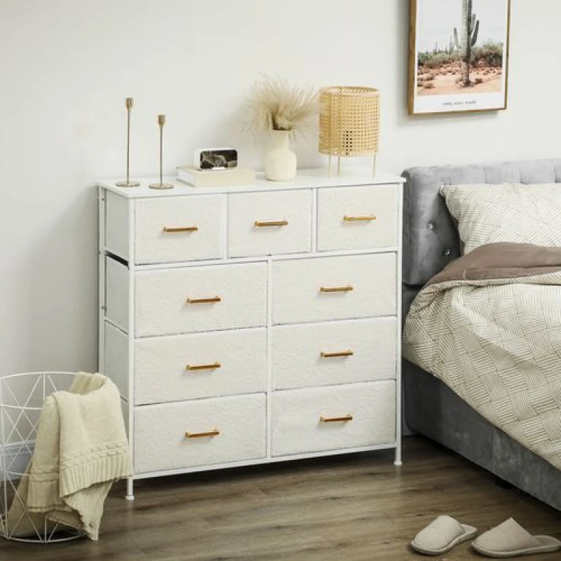 Image of HOMCOM HOMCOM Chest of Drawers with 9 Drawers, Boucle Storage Organiser, Cream in White White One Size Unisex 5063603161023