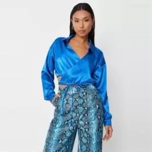 Image of Missguided Tall Wrap Around Satin Shirt - Blue
