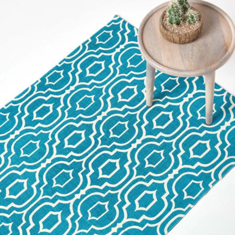 Image of Homescapes Riga Teal And White 100% Cotton Printed Patterned Rug, 120 X 170 Cm