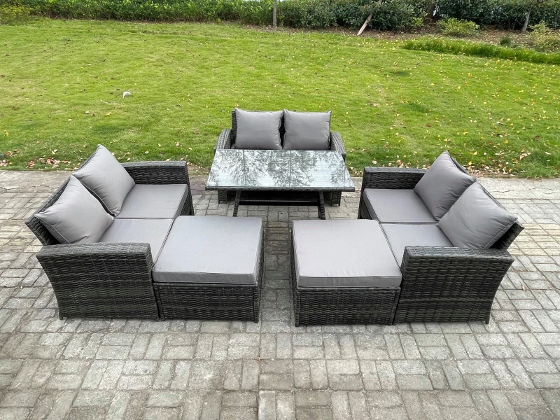 Image of Fimous 8 Seater Garden Dining Set Wicker PE Rattan Outdoor Furniture Sofa with Rectangular Dining Table Double Seat Sofa 2 Big Footstool in Dark Grey