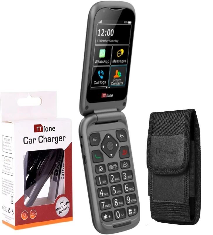 Image of TTfone TTfone TT970 4G Flip Big Button Senior Mobile Bundle: Holster Case, Car Charger, Giff Gaff SIM Network