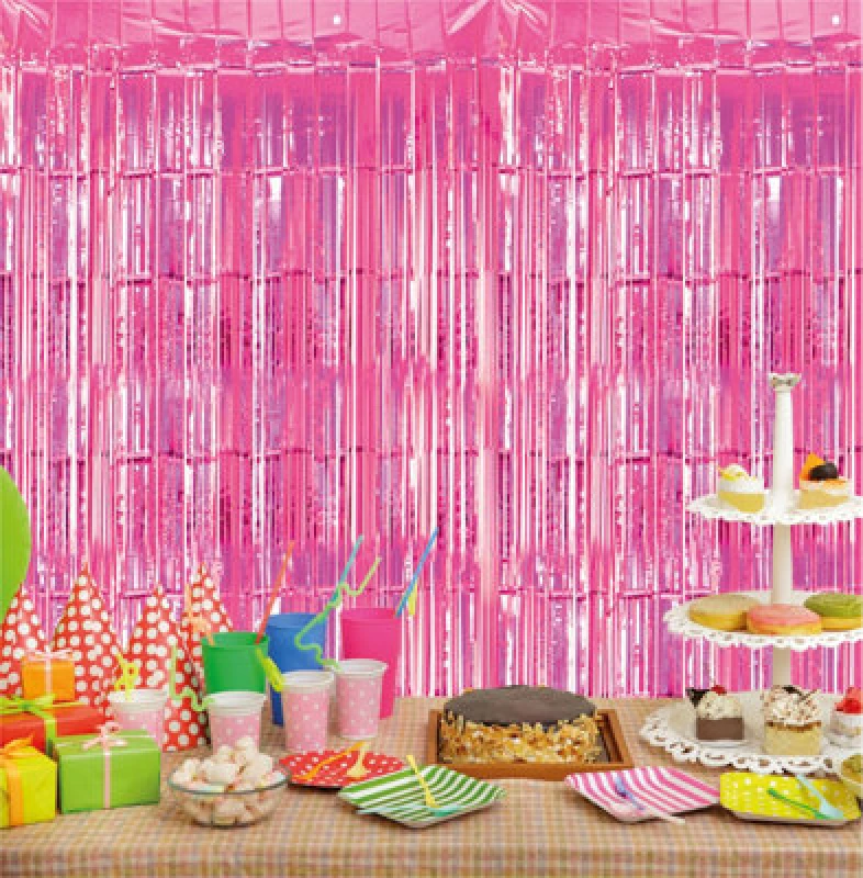 Image of CHEETAHL Pink Foil Fringe Shimmer Tinsel Curtain Party Event Backdrop 1m Wide x 2m Drop ELV-411597