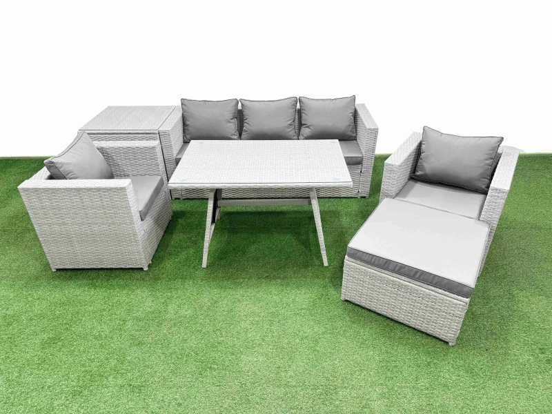 Image of Fimous 7 Pieces Outdoor PE Rattan Sofa Armchair Set with Side Table Big Stool in Light Grey Light Grey Unisex