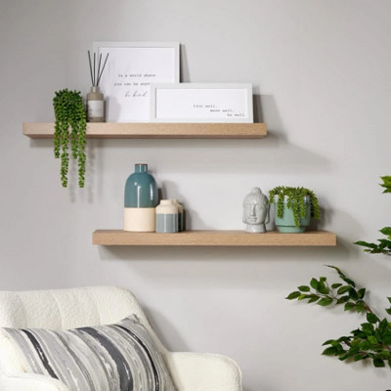 Image of Home Source Cloud Pair Of 80Cm Floating Wall Shelves Sonoma Oak Finish