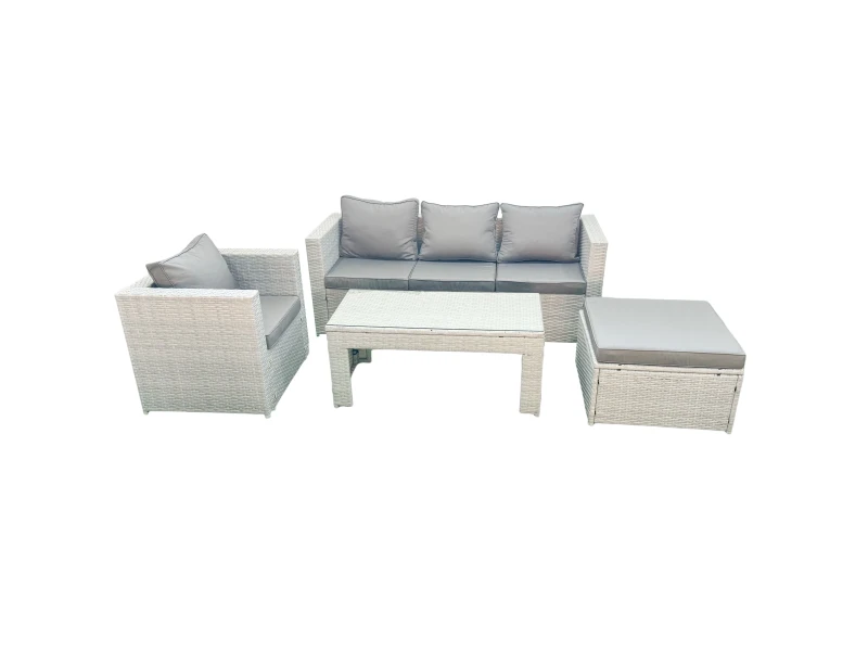 Image of Fimous Rattan Garden Furniture Set 4 Pieces Outdoor Garden Sofa Oblong Coffee Table Set with Chair Big Footstool Light Grey Mixed Light Grey