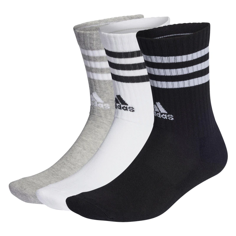 Image of adidas Cushioned 3 Stripe Crew Sock 3 Pack Blk/Wht/Gry unisex 8.5-10