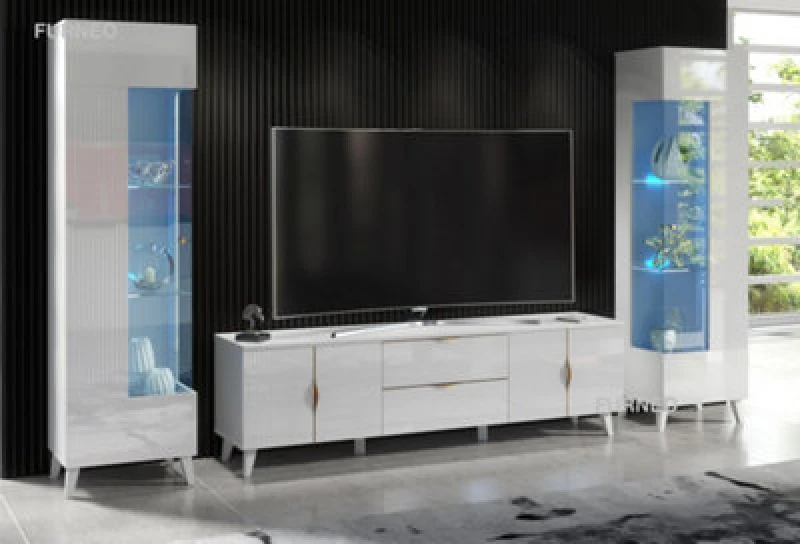 Image of Furneo High Gloss & Matt White Living Room Set TV Stand Display Cabinets Azzurro 10/12 Blue LED Lights