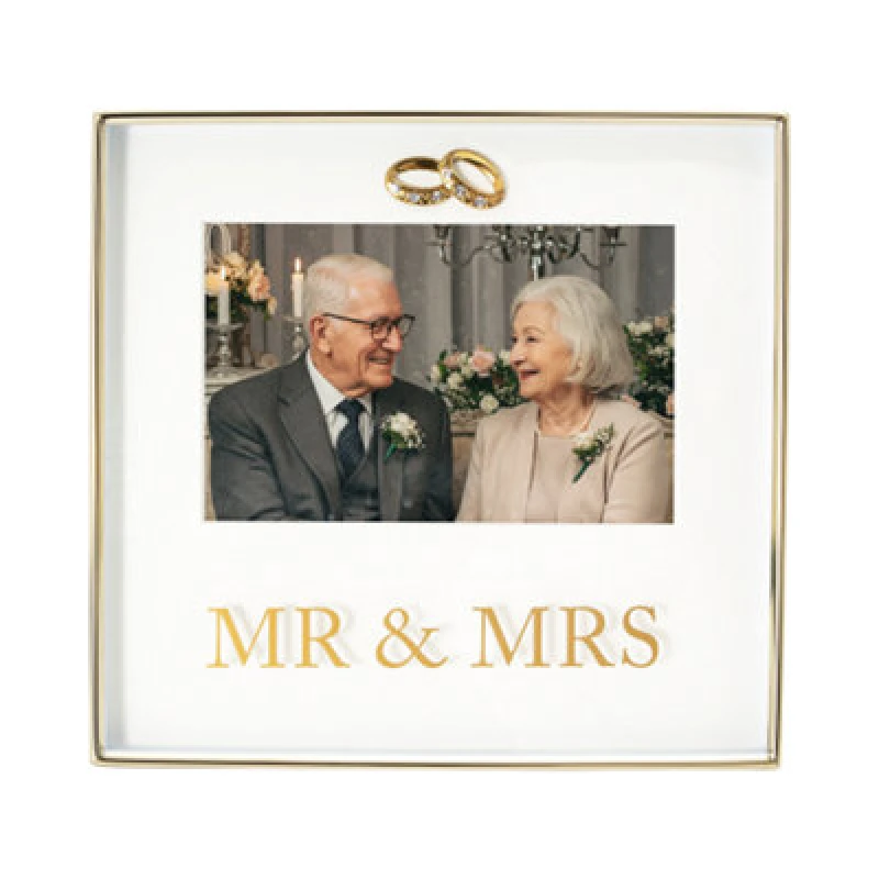 Image of Happy Homewares Shiny Gold Mr & Mrs Square Frame With Diamante Rings