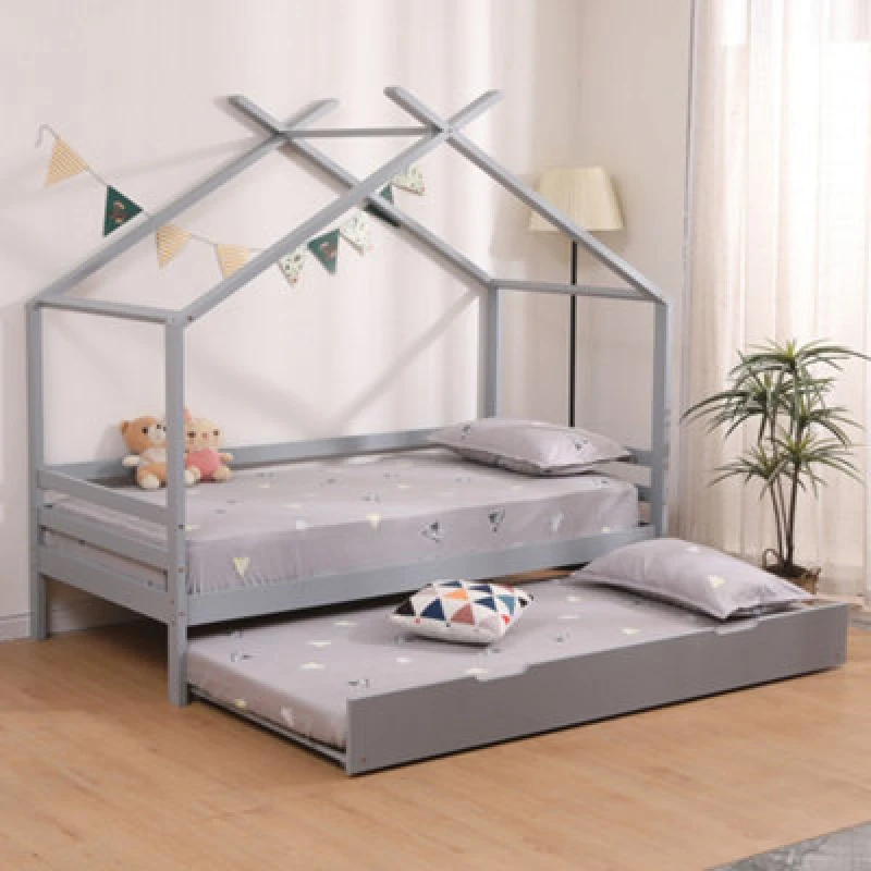 Image of SlumberWorx Teddy Kids Childrens Wooden House Single Bed Frame w Guest Trundle Bed Grey