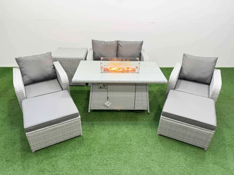 Image of Fimous Light Grey PE Wicker Rattan Garden Furniture Set Sofa Set Reclining Chair Firepit Dining Table 6 Seater 2 Big Stools Side Table Light Grey