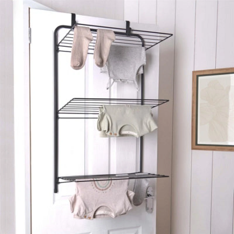 Image of OHS OHS Over The Door Tiered Foldable Drying Rack Towel Storage Organiser Rail Hanger in Black One Size Unisex 5027434216222