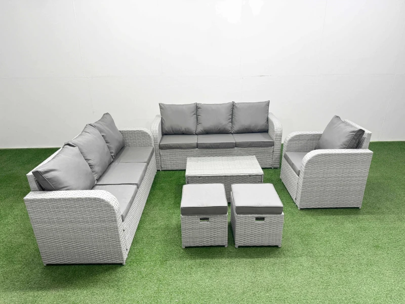 Image of Fimous 9 Seater Poly Rattan Outdoor Garden Furniture Sofa Set Patio 3 Seater Sofa Reclining Chair 3 Seater Sofa Stools Light Grey Light Grey