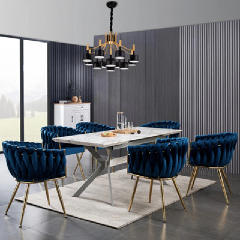 Image of Life Interiors Set Of 6 Blue Roma Knot Velvet Armchairs With Gold Metal Legs, Modern Tufted Design For Living Room