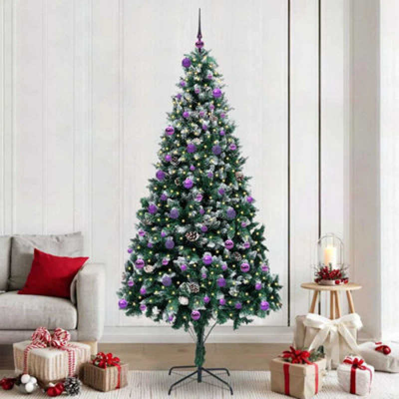 Image of vidaXL Artificial Christmas Tree with 300 LEDs, Lilac Balls with Stand Green 240 cm, Green 3396288