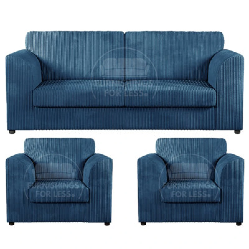 Image of Furnishings For Less UK Luxor Jumbo Cord 3 + 1 + 1 Fabric 3 Piece Sofa Suite - Fullback Marine Blue