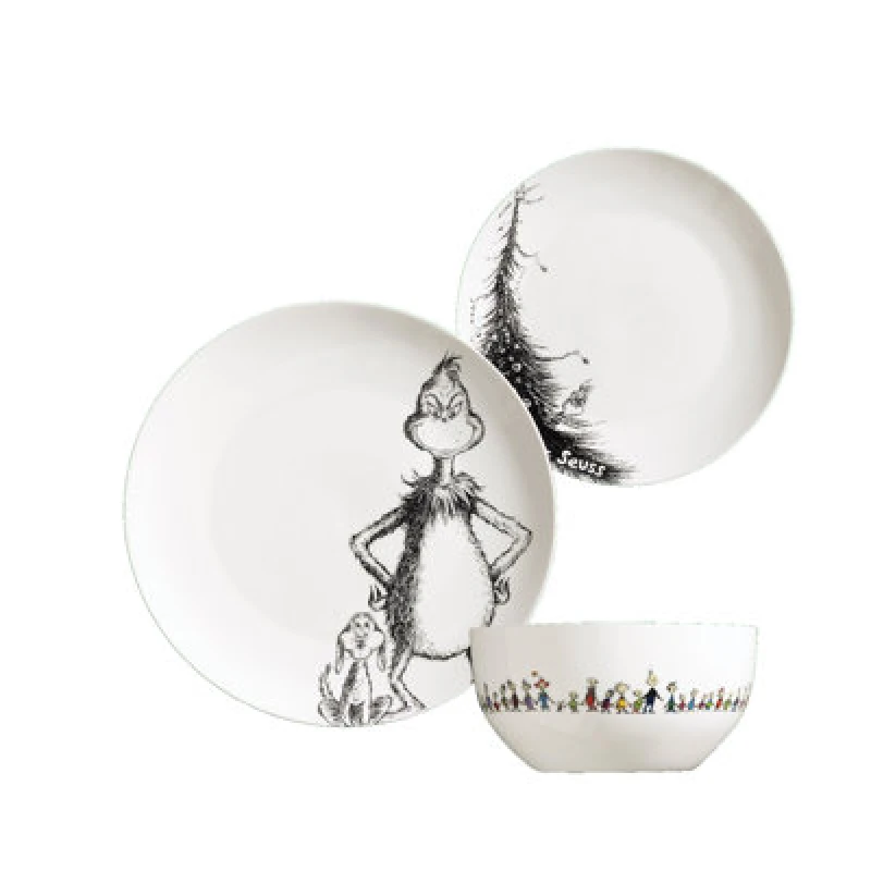 Image of The Grinch & Max 12Pc Porcelain Dinner Set Plates & Bowls Dishwasher Safe Christmas Dinnerware