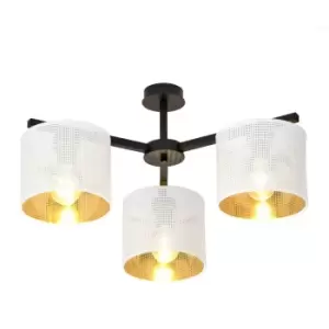 Image of Jordan Black Multi Arm Semi Flush Ceiling light with White, Gold Fabric Shades, 3x E27