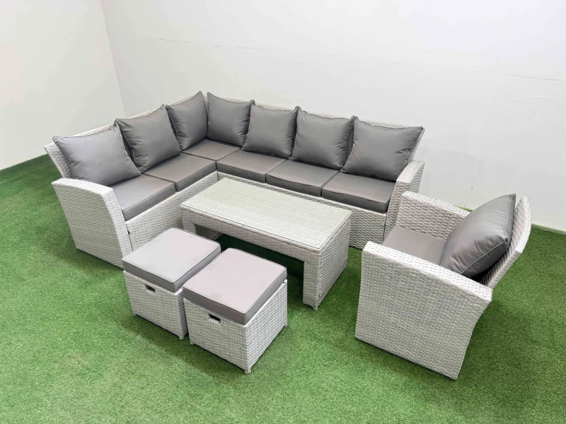Image of Fimous Outdoor 9 Seater Corner Sofa Sets with Chair 2 Small Stools Light Grey Light Grey Unisex