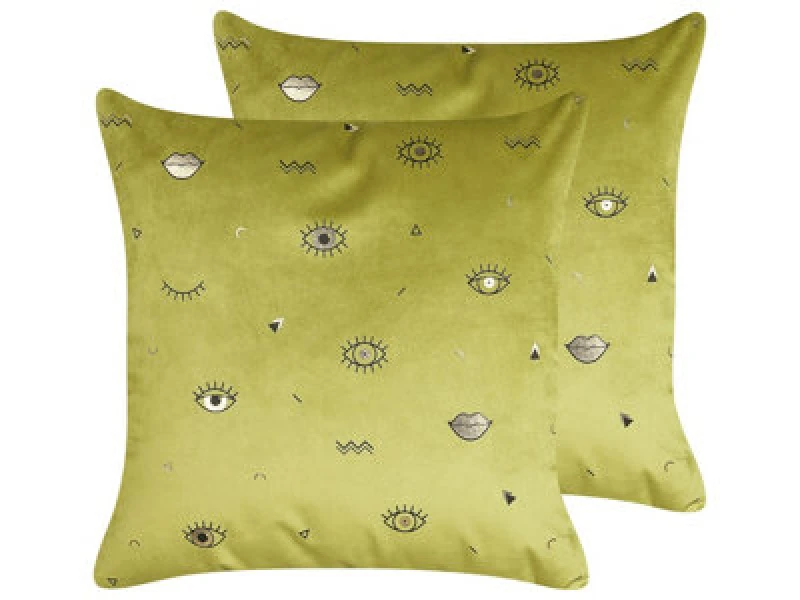 Image of Beliani Set Of 2 Decorative Cushions Aeonium Velvet 45 X 45cm Olive Green Abstract Pattern