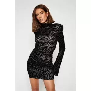 Image of I Saw It First Flock Mesh Zebra High Neck Shoulder Pad Long Sleeve Bodycon Dress - Black