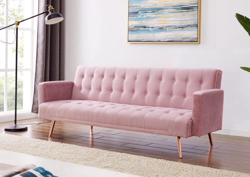 Image of Home Detail Windsor Velvet Sofa Bed With Tufted Detail and Rose Gold Legs Pink